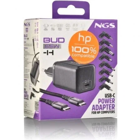 NGS Cargador GaN 65W para HP con Cable USB-C de 1,5 m y 8 Conectores